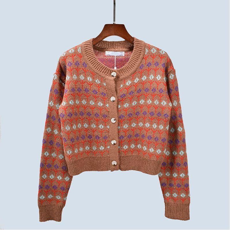 Autumn Crew Neck New Arrival Jacquard Retro Women's Single-Breasted Knitting Sweater Cardigan Coat Women's Short Loose