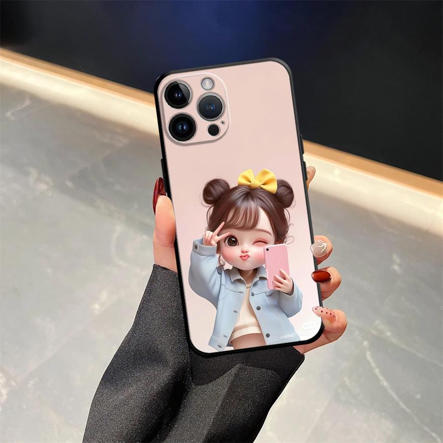 Cartoon Girl Pattern Case for iPhone XS Max XR 13 12 11 17 Pro Max 7 8 17Air 15 16 14 Plus Black Soft Phone Cover