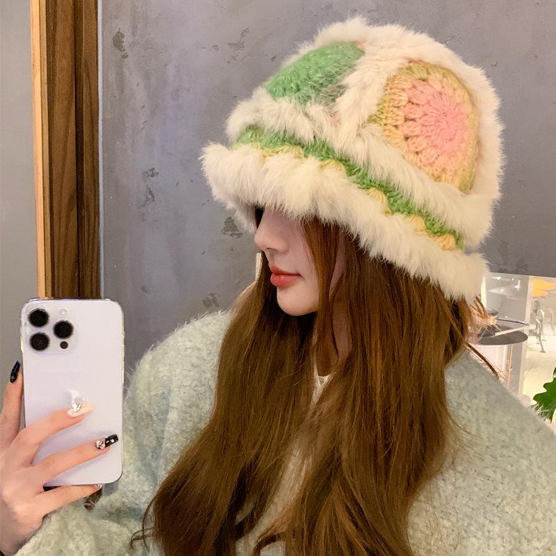 Color rabbit fur bucket hat women's autumn and winter handknitted wool hat warm fluff hat showing washbasin hat