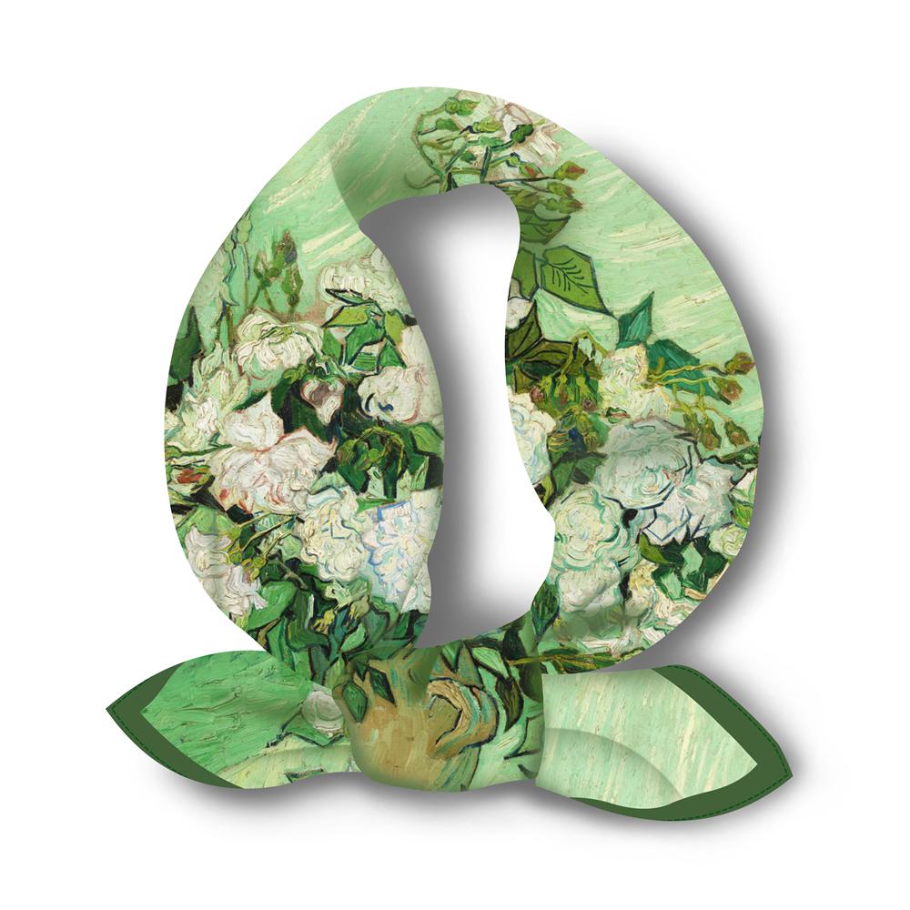 POBING Twill Silk Scarf Woman Floral Painting Square Scarves Wraps Bandana Small Hijab Foulards Tie Headband Neckerchief 53CM