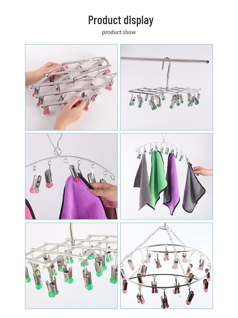 Stainless Steel Portable Folding Clothes Hanger with Multiple Clips for Socks & Drying