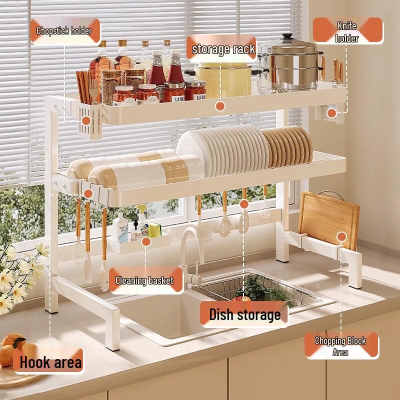 White 76cm Double-Layer Stainless Steel Over-Sink Dish Drying Rack