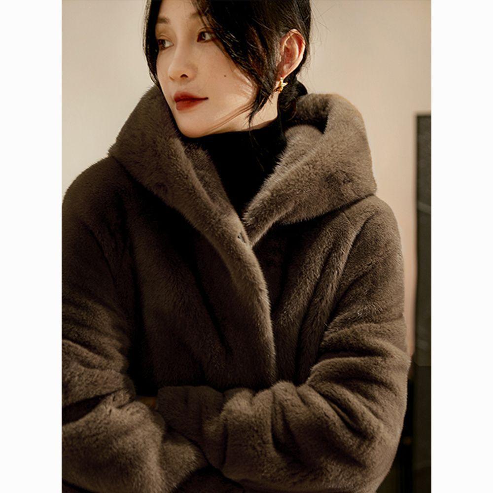 Autumn and Winter New Imitation Mink Fur Coat Women's Hooded Medium and Long Imitation European Mink Fur Coat Light
