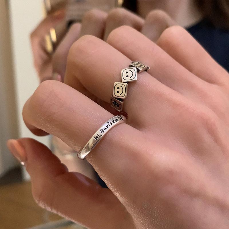 Adjustable Copper Trendy Smiley Face Ring For Women Retro Geometric Design Perfect Fashion For