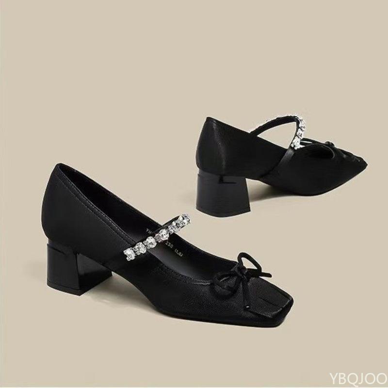 Fashion Spring summer new butterfly knot thick single shoes square toe shallow mouth fashionable elegant simple versatile high heels