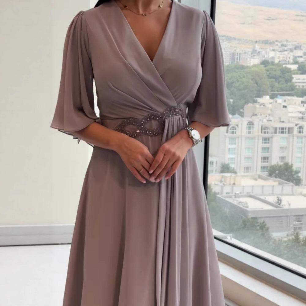 Abito da sera lungo in chiffon da donna con scollo a V incrociato, maniche a sbuffo a metà manica, vita decorata con perline