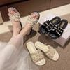 2025 Summer New Xiaoxiangfeng Pearl Slippers Women's Wear Flat Bottom One-word Drag Versatile Beach Sandals with Skirt