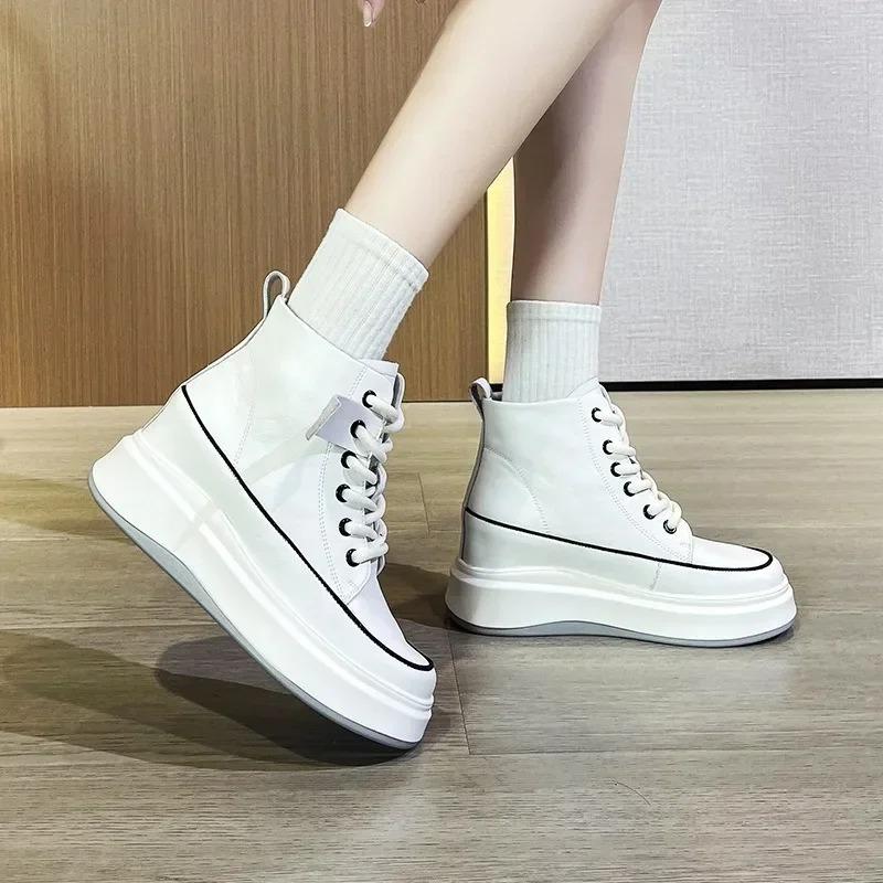 New Genuine Leather High Top Casual Shoes Platform Inside Increased Shoes Weges Small Size Women's Shoes High Heels