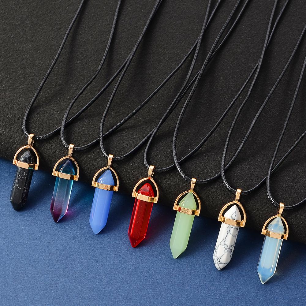 

7pcs/set Hexagon Pillar Quartz Necklace Turquoise Pink Crystal Necklace Genuine Leather Chain Natural Stone Choker Necklace White&60cm золотой