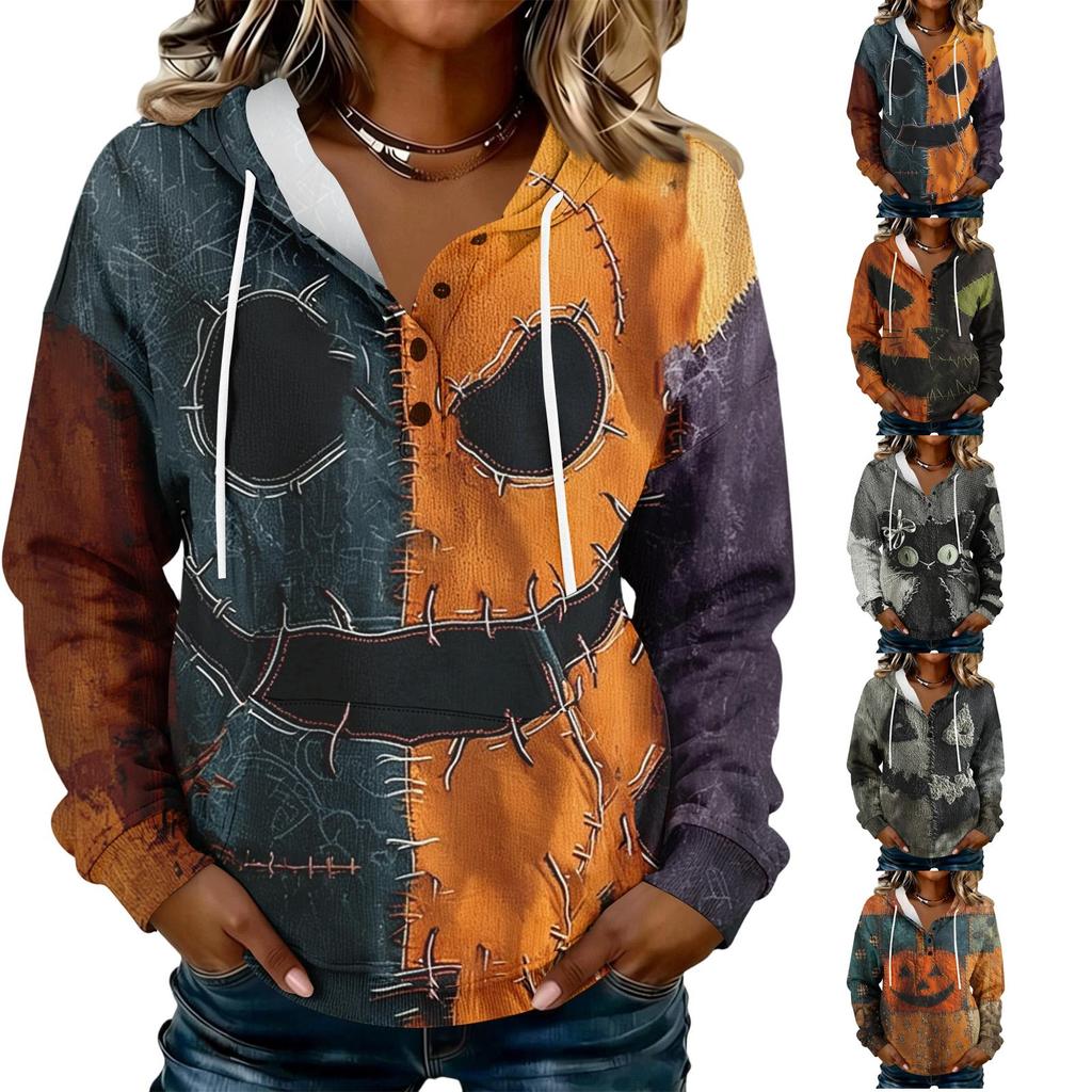 Women's Fashion Hooded Halloween Print Sweatshirt with Buttons for Festive