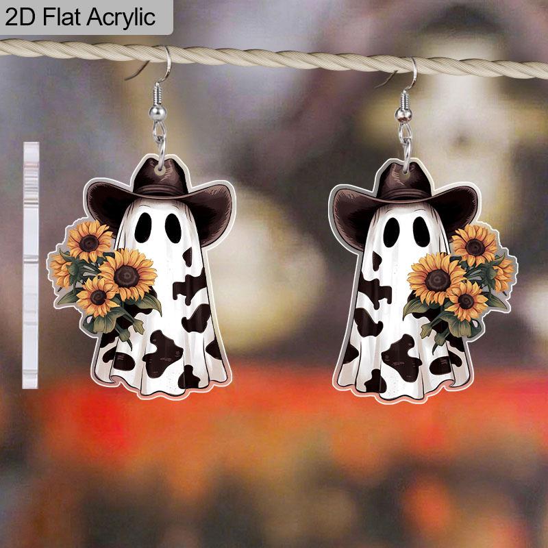 2D Flat Halloween Earrings Leopard Ghost Sunflower Pattern Acrylic Dangle Earrings Halloween Theme Party Women Girls Jewelry Gift