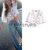 Spring and Summer New Women's Clothing Wavy Edge V Neck Half Length Puff Short Sleeve Florals Embroider Poplin Tops 1281793