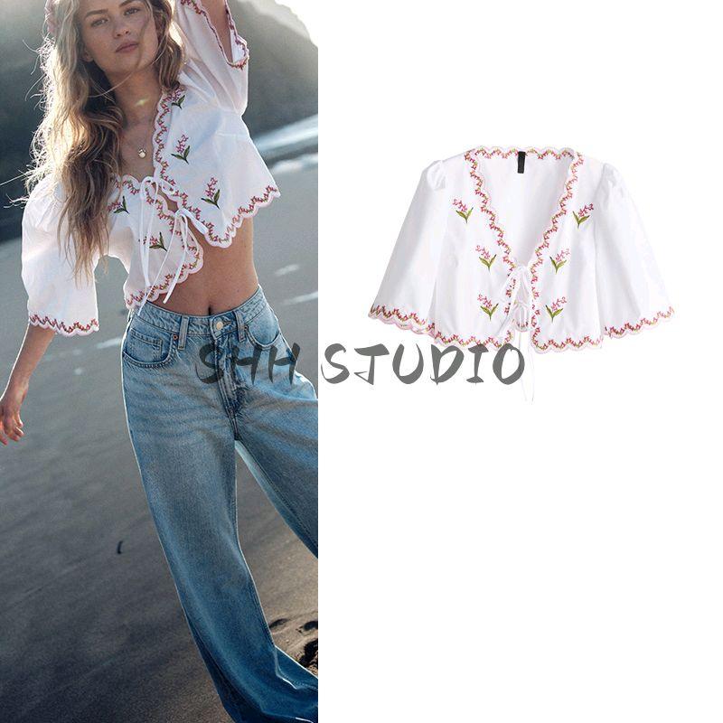 Spring and Summer New Women's Clothing Wavy Edge V Neck Half Length Puff Short Sleeve Florals Embroider Poplin Tops 1281793