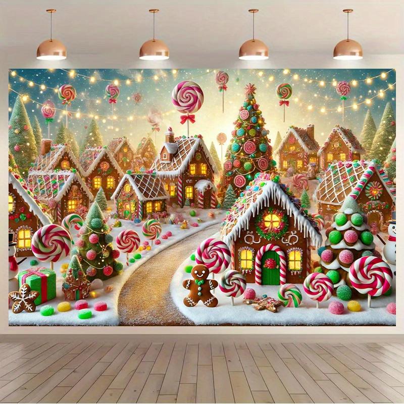 1 Piece, Gingerbread Village Christmas Happy Scene Background Cloth, Multifunctional Wall Decoration Photography Prop