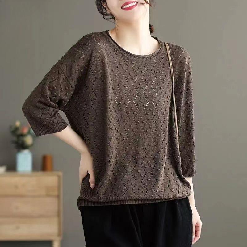 Women's Plus Size Knit Sweater Spring Autumn Summer Solid Round Neck Knit T-Shirt Vintage Short Sleeve Thin Knit Pullover Top