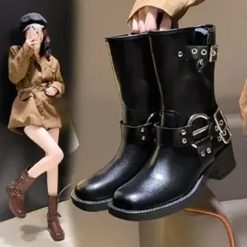 New Winter Denim Boots Women'S Retro Brown Belt Buckle Round Head High Boots Knee Length Boots