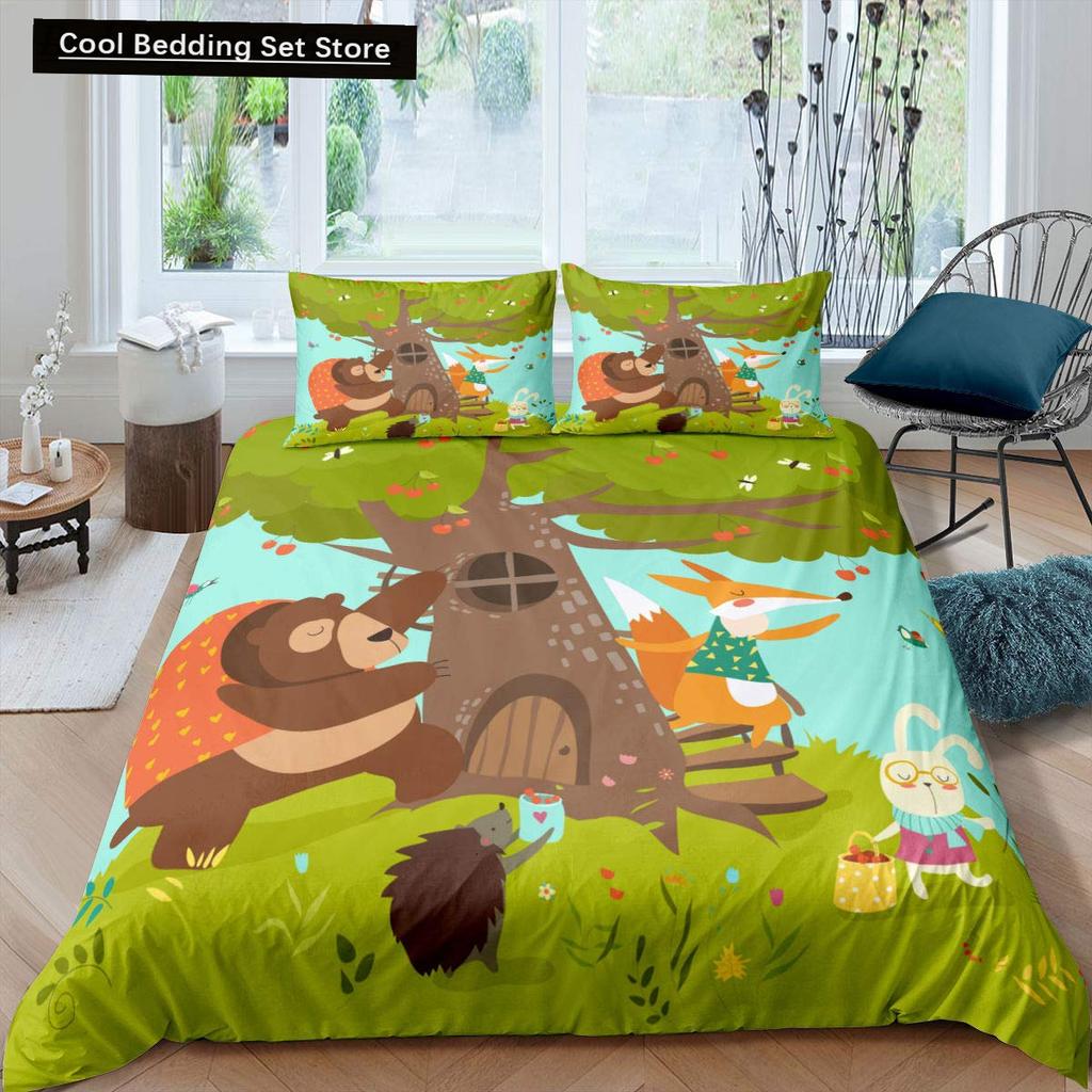 Kids Cartoon Animal Zebra Giraffe Fox Kangaroo King Queen Duvet Cover Boy Girl Rabbit Wildlife Bedding Set Polyester Quilt Cover