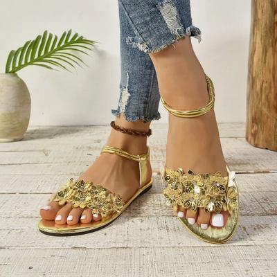 Mode Damessandalen Zomer Nieuwe Stijl Goud Smal Bandje Dames Slippers buiten Comfortabel Lopen Platte Schoenen Grote Maat