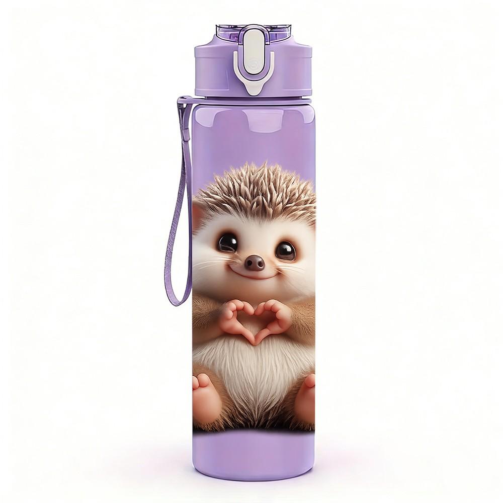 1PC Cute Hedgehog Animal Portrait Print 750ml Color Plastic Sports Water Bottle Leakproof Flip Straw Lid Suitable for Sports Office Home Use