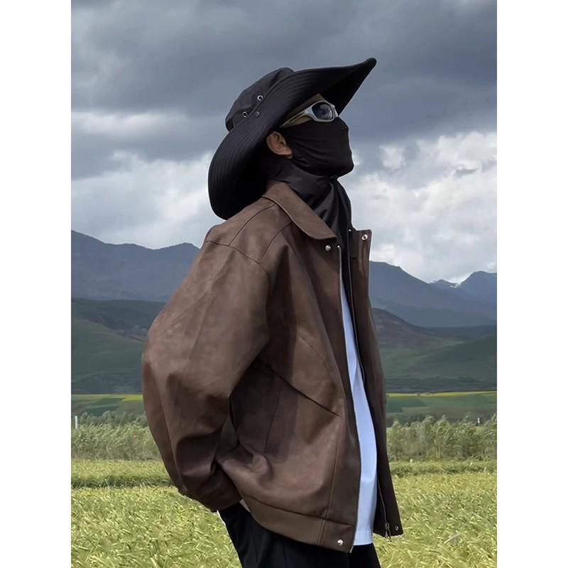 Men's Maillard Brown Waterproof Leather Biker Jacket - Spring/Autumn Turn-Down Collar