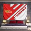 Diagonal Red Stripes with Logo and "1. FC UNION BERLIN" Text On White. Patterned Tapestry for Bedroom and Living Room Home Decor