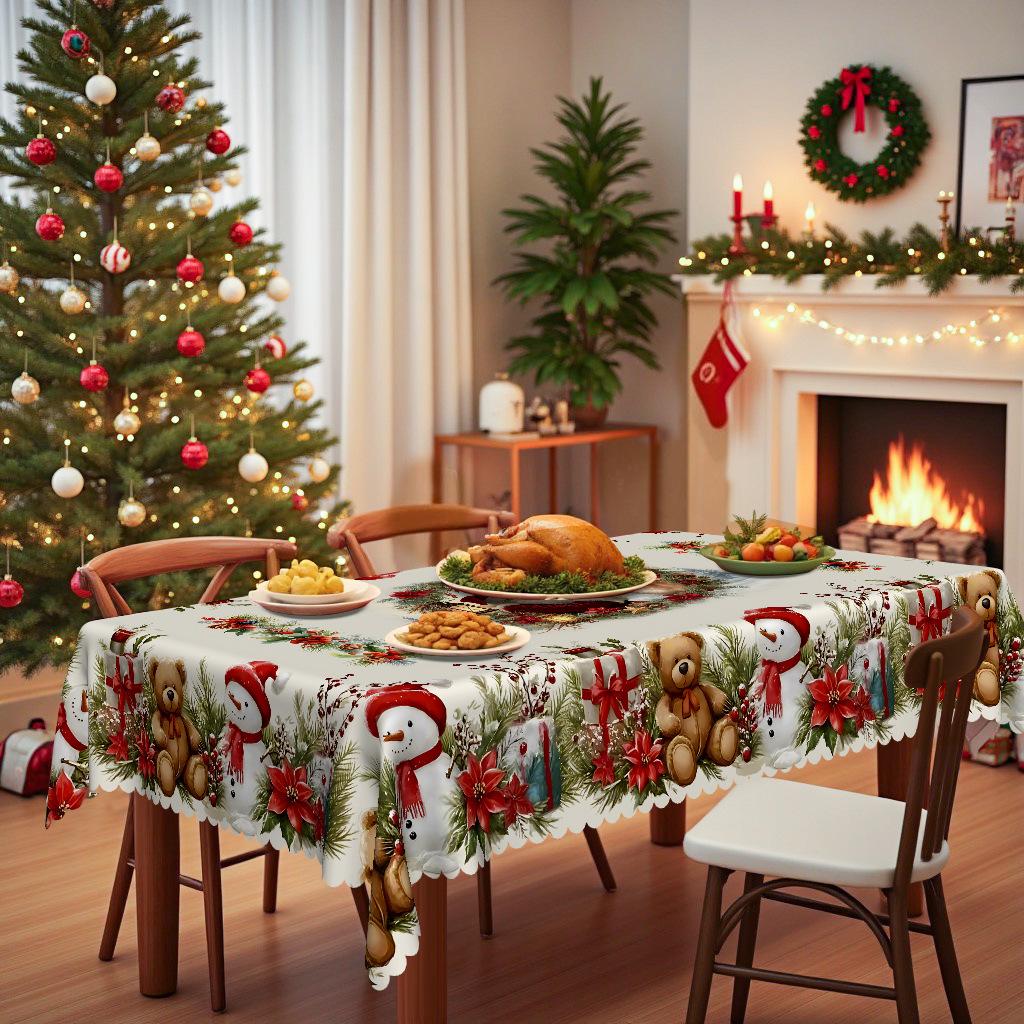 Christmas Snowflakes, Bear Bells, Printed Waterproof Tablecloth, European Style Dining Table Coffee Table Cloth Party Holiday Decorative Cloth