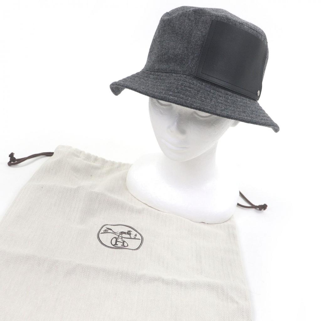 Great HERMES hat BOBFILIPE Serie Button Leather Pocket Bucket gray hair mens Used