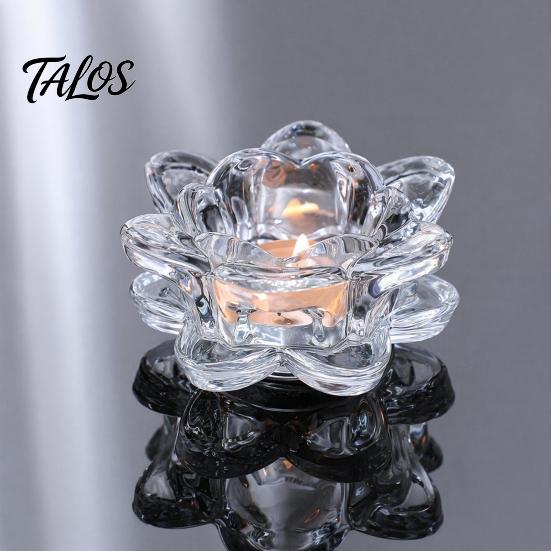 Talos Crystal Lotus Flower Tealight Candle Holders, Glass Tea Light Candlestick Decor with Deep Grooved Plate, Multifunctional Decoration for