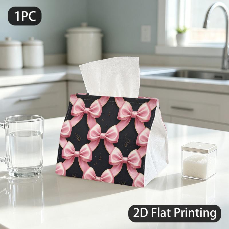1pc Tissue Box, Elegant Pink Bows Golden Trim Luxurious Pattern, 2D Flat Printing, Made from Tough Polyester, Can Be Folded, Tissue Pouch, for Vehicle