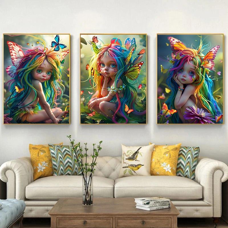 Poster e Stampe di Farfalle Colorate, Fate, Fiori Fantasy, Ragazza dei Fiori, Pittura su Tela, Arte da Parete, Quadro per Soggiorno, Decorazione per la Casa