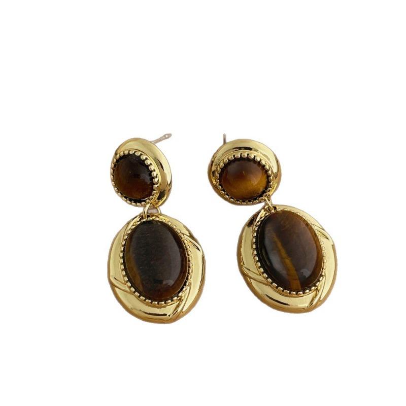 Vintage Oval Natural Stone Beads Tiger Eye Metal Dangle Drop Earrings For Women Real Gold Plated Copper Casual Jewelry
