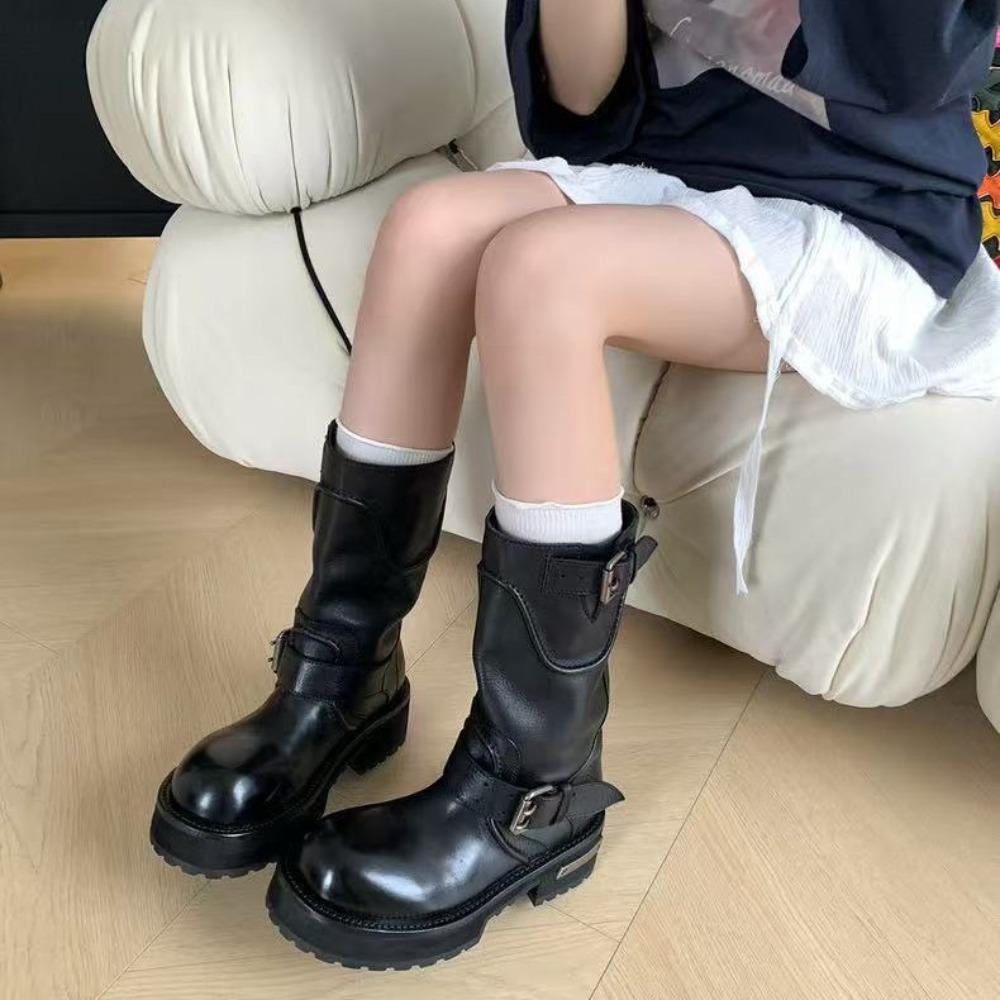 2025 New Style Women's Vintage Distressed Riding Boots with Buckle - Mid - Calf Boots