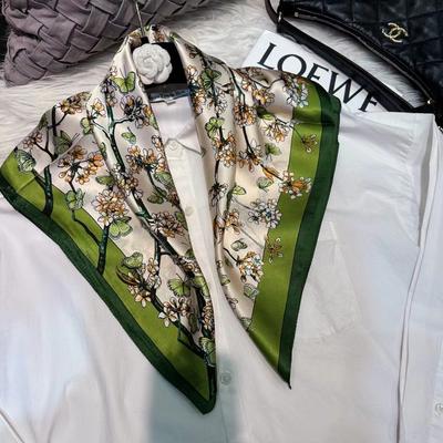 Beige Green Women 100% Silk Scarf Headscarf Fashion Floral Design Square Scarves For Hair 65*65Cm Fashion Neck Scarf Hijab
