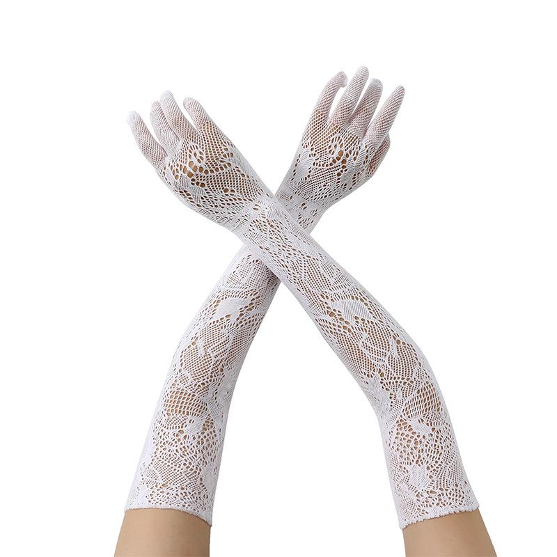 Thin Hollow Fishing Net Women Sexy Lace Floral Pattern Long Gloves Cosplay Wedding Dress Bridal High Elasticity Mesh Gloves