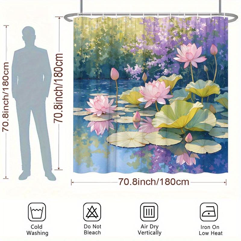 1Pc Tranquil Garden Pond Shower Curtain - Pink & Purple Lotus, Impressionistic Design, Polyester, 70.8X70.8In, 12 Hooks