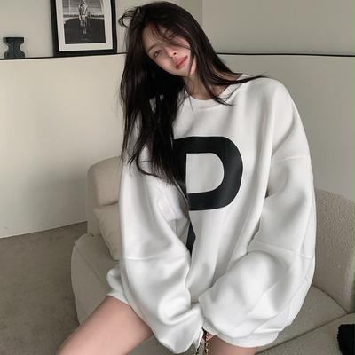 Women's Loose White Hoodie Ladies Letter Print Long  Sleeve O-neck Oversize Retro Sweatshirt Top Autumn Winter New