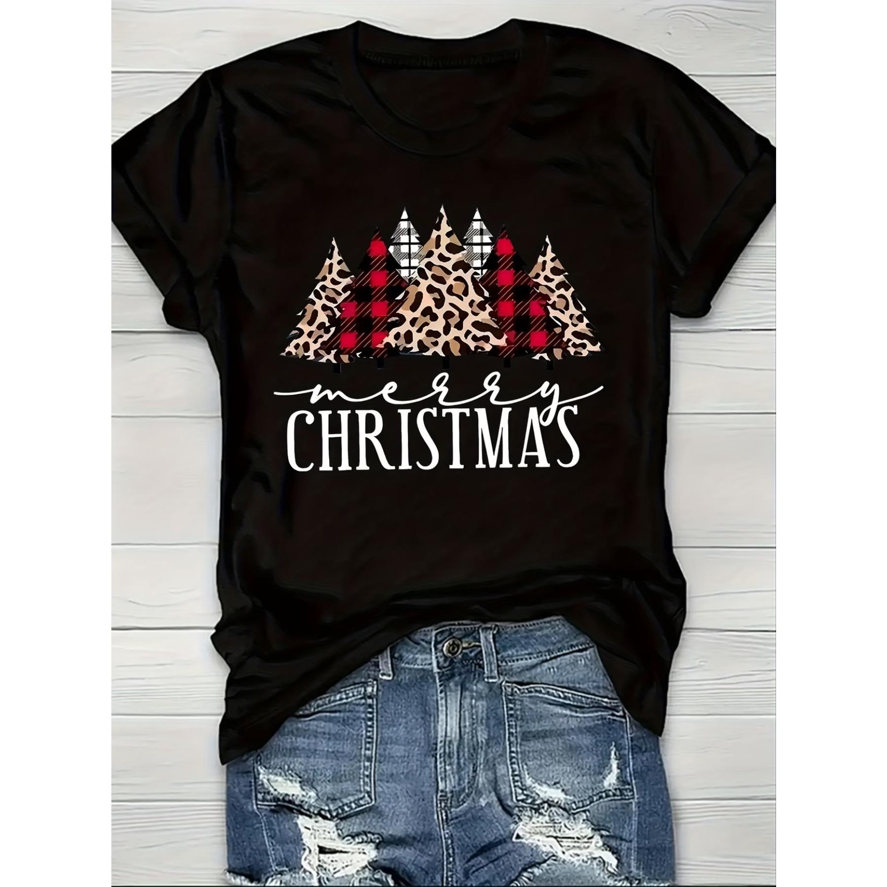 Festive Cartoon Print Round Neck T-Shirt - Women s Casual Summer Wear S чёрный