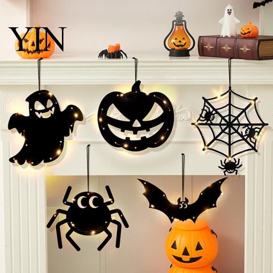 Realistic Halloween Patterns Pumpkin Hanging Decor, Non-Woven Ghost Ornament with Light String, Spooky Celebration Decor Door Wall for Party