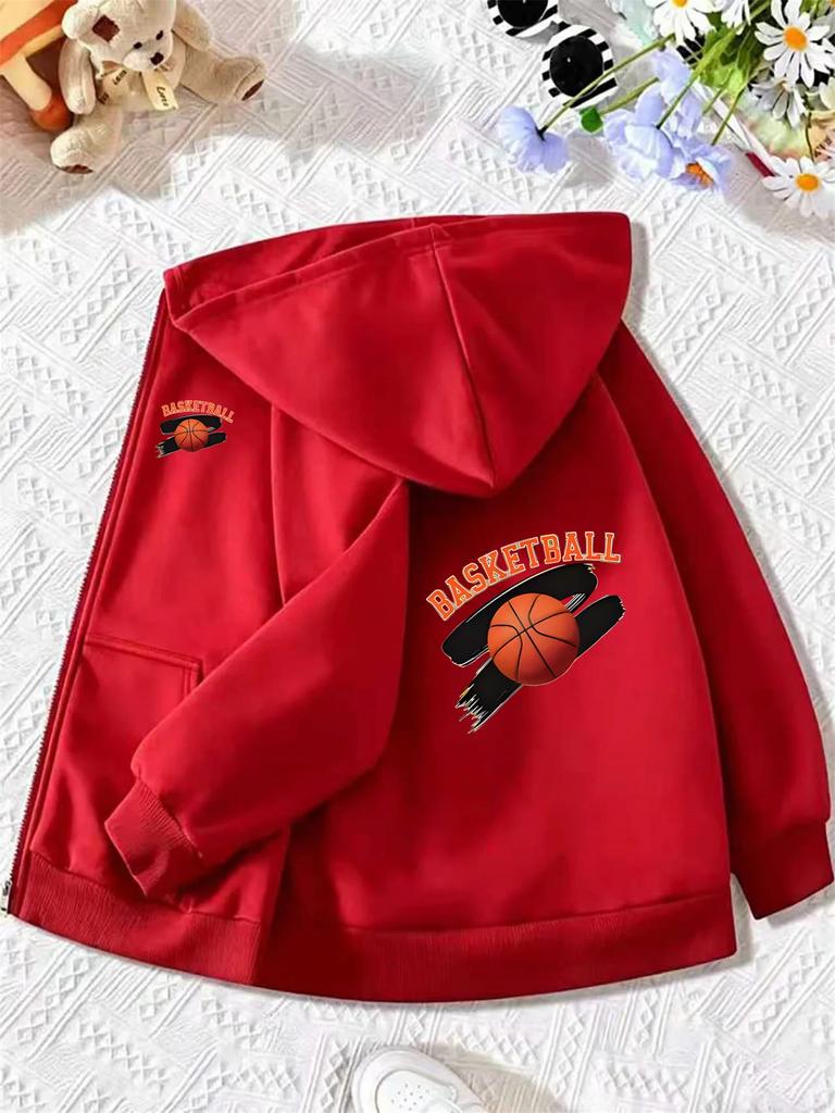 Kids Zip Up Hooded Jacket Basketball Brush Stroke Graphic Long Sleeve Casual Sports Hoodie For Boys Daily Training Outdoor Outfi