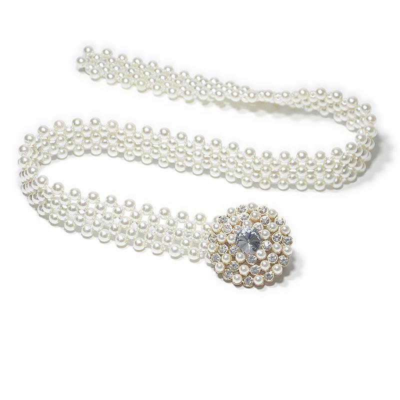 Cross-border women's belt - ladies' casual decorative rhinestone & pearl buckle slim waist belt