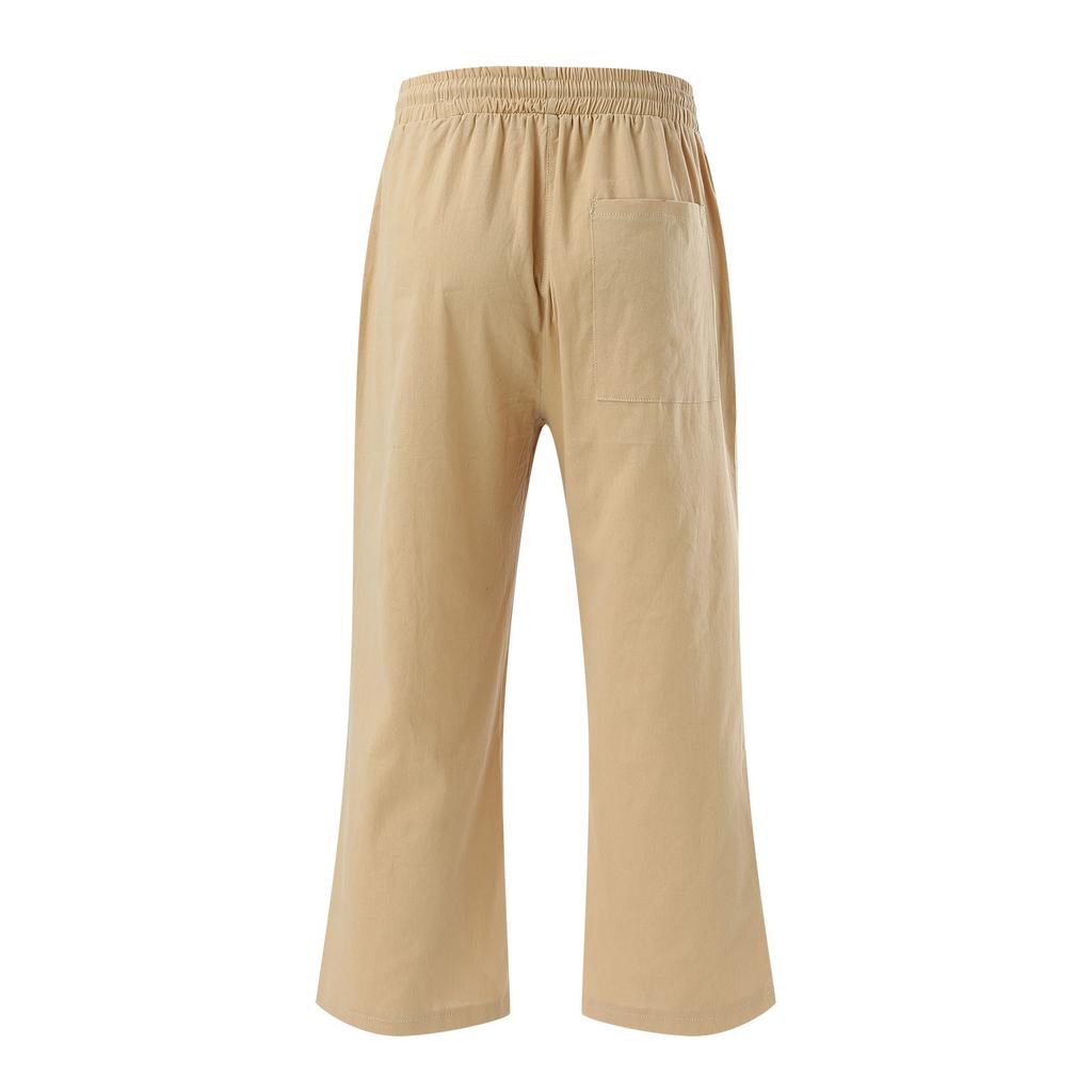 Men's Linen Pants Casual Lightweight 3/4 Baggy Pants Drawstring Elastic Waist Beach Yoga Pants With Pockets