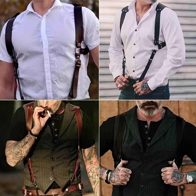 PU Leathers Suspenders for Men, Vintage Men Harness Punk Apparels Strap Chest Shoulder Belt Accessories