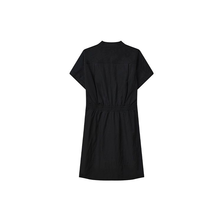 Fila Solid Color Logo Waist-Defined A-Line Loose Versatile Woven Short Sleeve Dress Women Dresses Black F11W238302F-BK