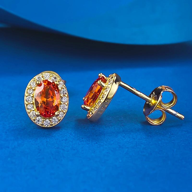 Xiancan 925 Silver Gold-Plated Fanta Orange Oval Stud Earrings, European & American Style, Simple & Versatile Fashion.