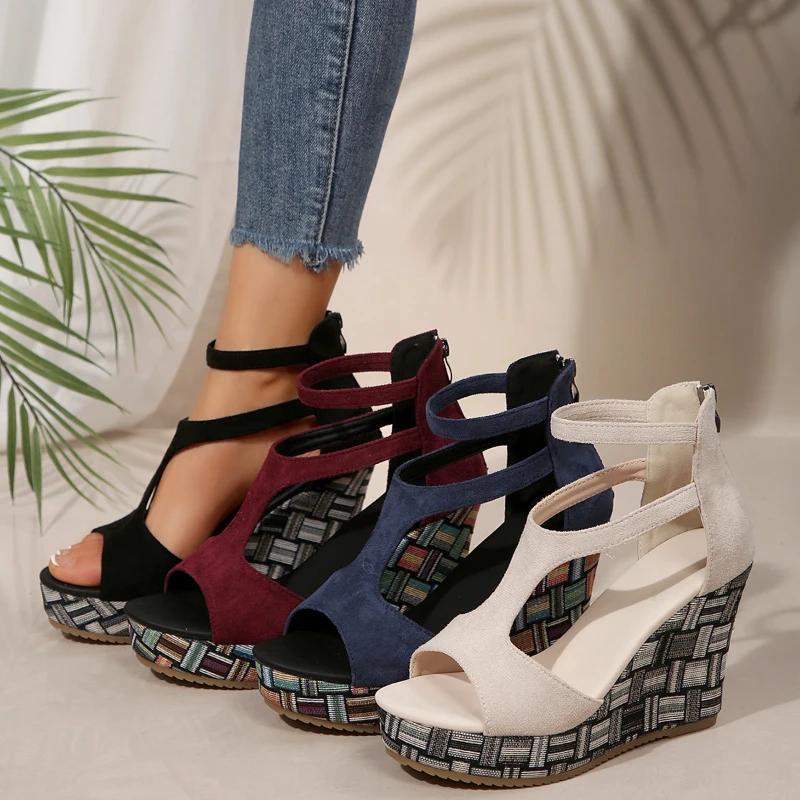 2025 Summer Wedge-shaped Women's Thick-soled Heels Sandals Open Toe High Heels Large Size Comfortable Platform Women's Shoes