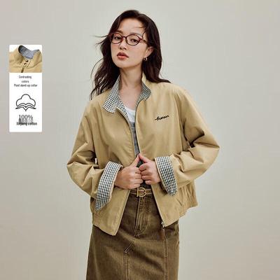 Yinman Women's Color-Block Plaid Embroidered Cotton Jacket