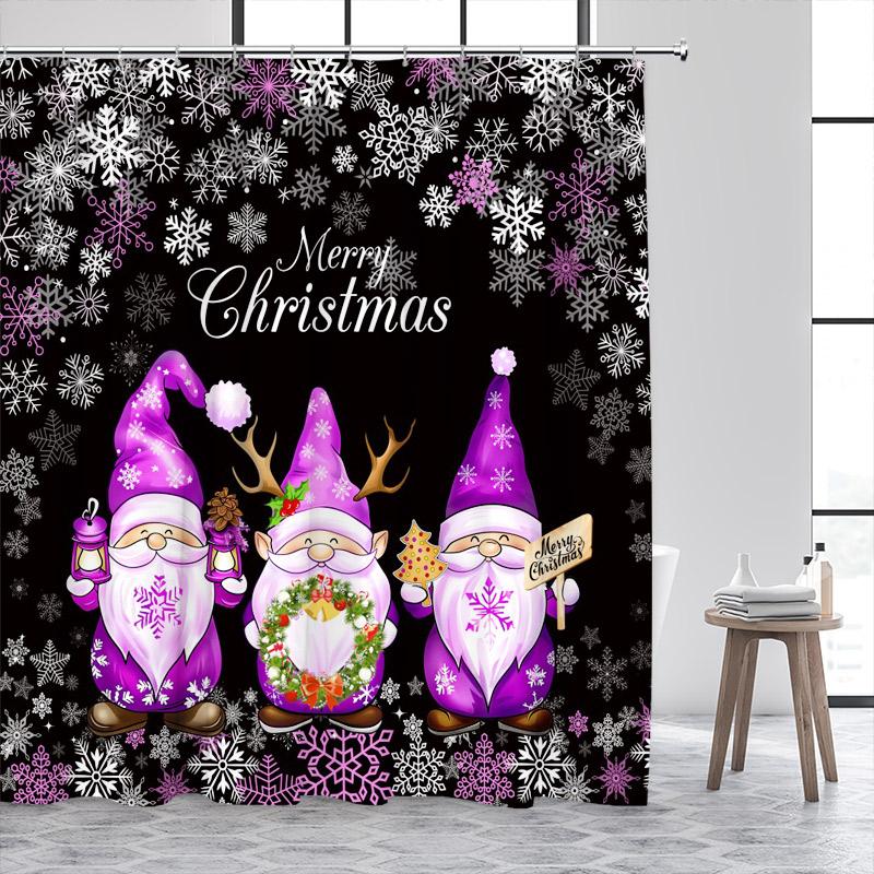 Cartoon Santa Claus Shower Curtains White Snowflake Wreath Blue Christmas Bath Curtain Set Fabric Home Bathroom Decor With Hooks