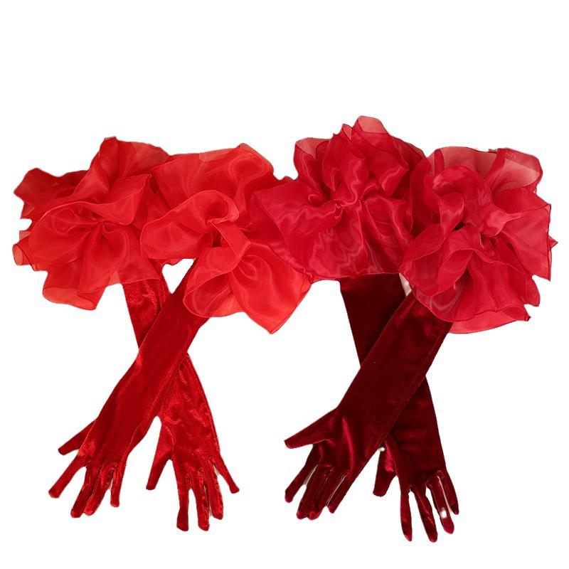 Long Velvet Gloves with Organza Ruffle Cuff, Elbow-Length Formal Gloves for Wedding/Party/Ball