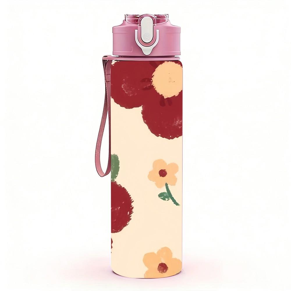 1PC Large Red Vintage Flower Background 750ml Color Plastic Sports Water Bottle Leakproof Flip Straw Lid Suitable for Sports Office Home Use