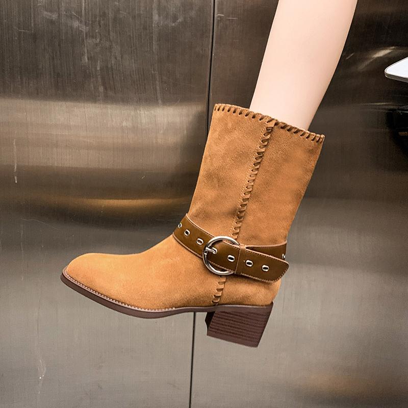 Fashion Metal Belt Buckle Block Heel Single Boots Women's Fashion Round Toe Suede Anti-Slip Wear-Resistant Short Shoe